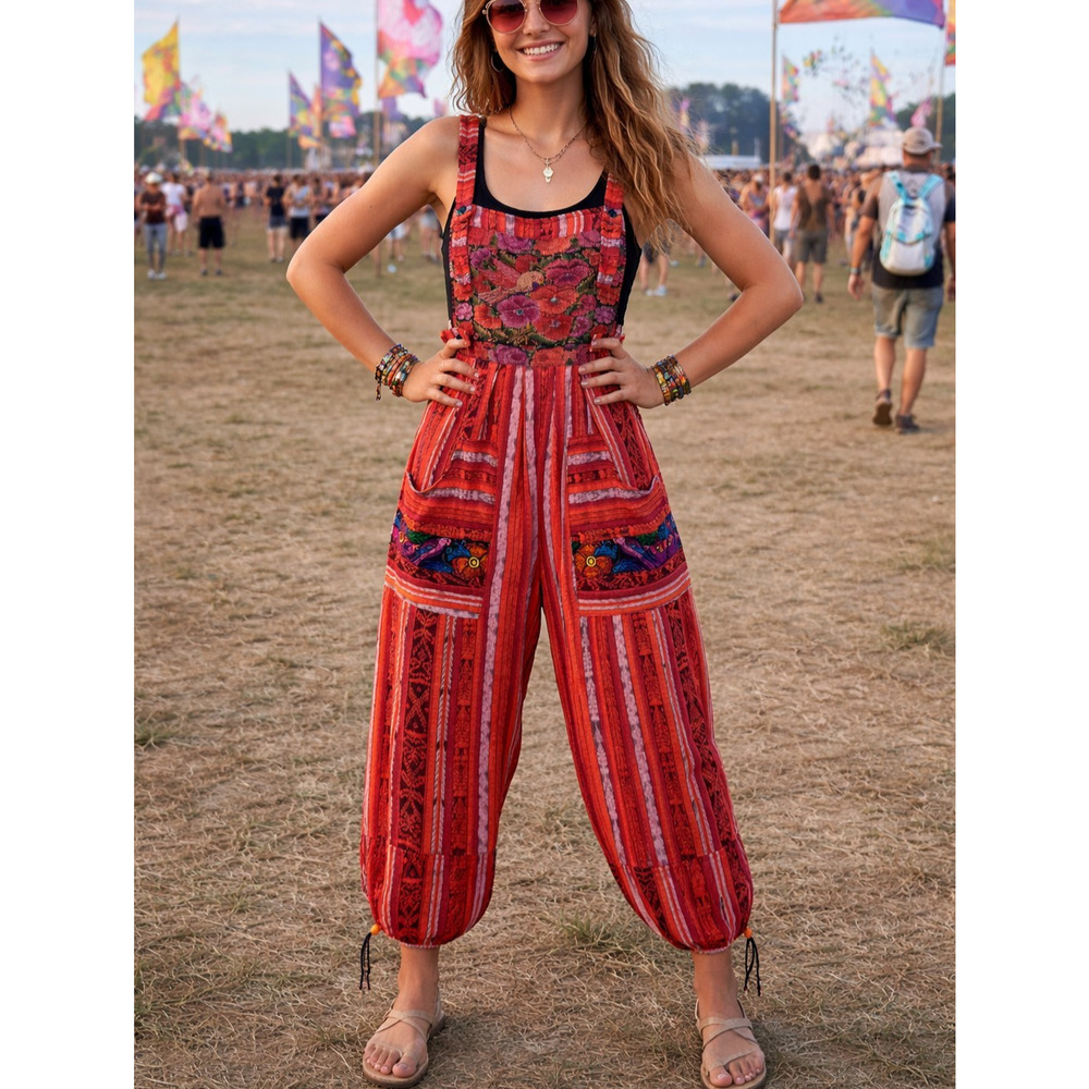 Vintage Red Floral-Embroidered Striped Boho Jumpsuit